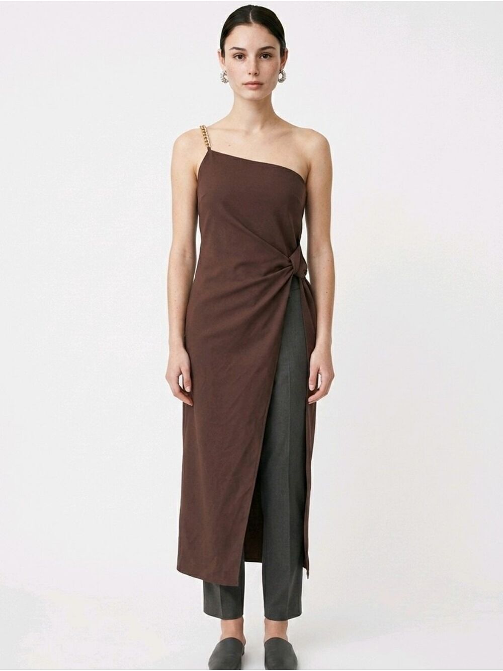 Camila Coelho One-Shoulder Brown Twist Slit Midi Dress